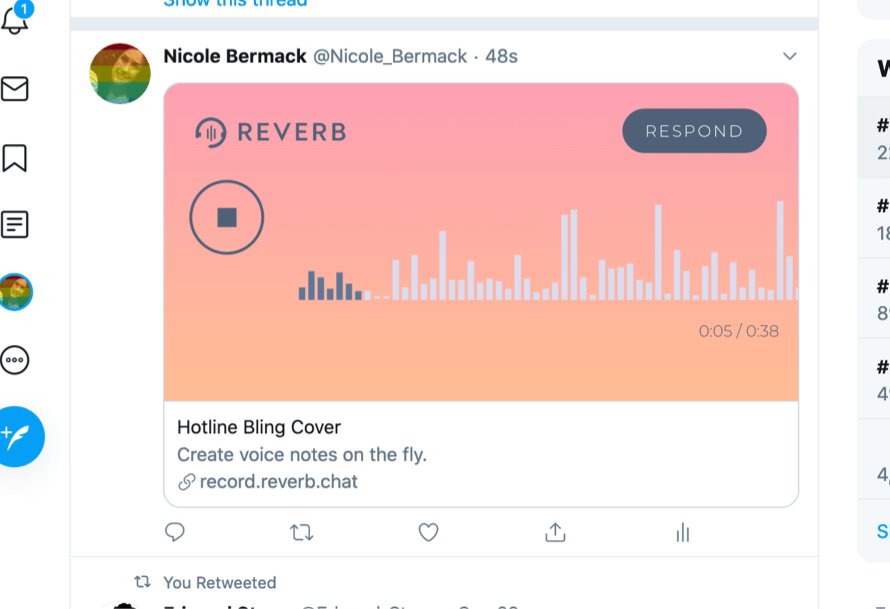The audio player embed on Twitter shows a song cover playing