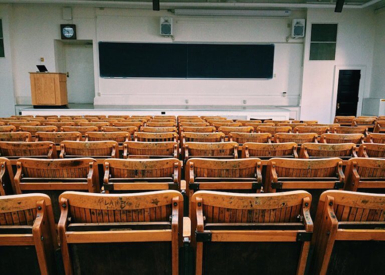An empty university auditorium.