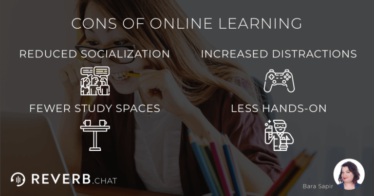 Cons of distance learning: reduced socialization, increased distractions, fewer study spaces, less hands-on.