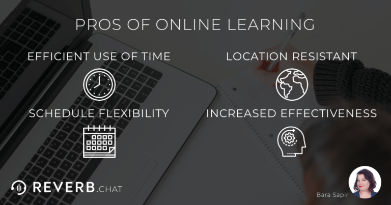 Pros of distance learning: efficient use of time, location resistant, schedule flexibility, increased effectiveness.
