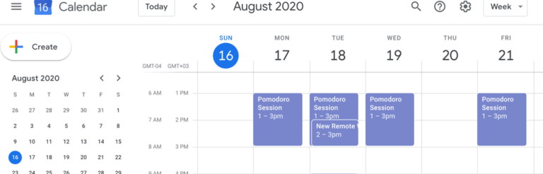 A calendar filled with Pomodoro study sessions.